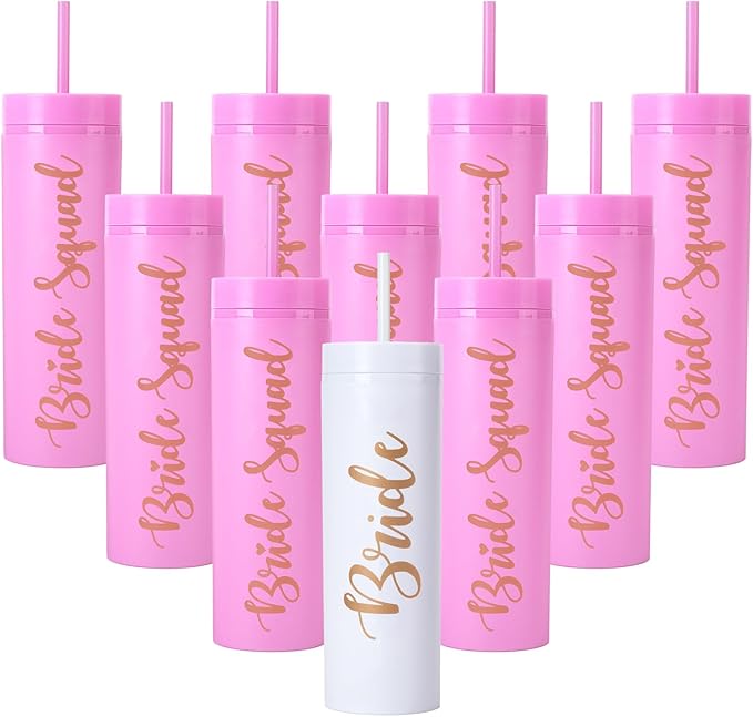10 Pack Bride to Be Skinny Tumbler | 16 oz Bride & Squad Tumblers | Bachelorette Party Cups & Games (Pink)