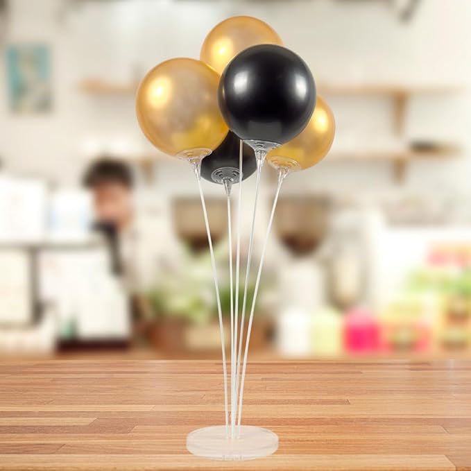 Reusable Balloon Tabletop Kit - Helium-Free Vinyl Bouquets - Lasting Inflation - Includes 5 Balloons, Stems & Acrylic Base, for Business, Schools & Events (Gold and Black)
