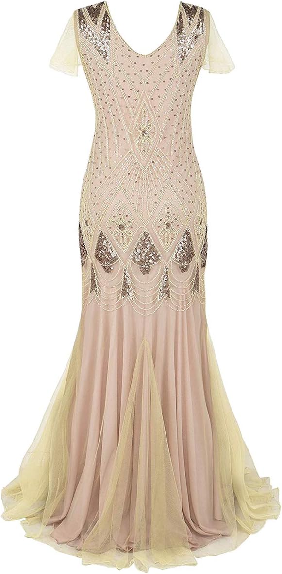 Women Vintage 1920s Gatsby Flapper Evening Party Dress V Neck Art Deco Sequins Mermaid Hem Cocktail Formal Long Maxi Gown
