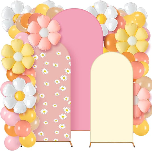 34 Pieces Daisy Birthday Party Decorations 4ft 5ft 6ft Daisy Arch Backdrop Covers Spandex Arch Backdrop Cover Pastel Macaron and Flower Design Balloons for Spring Boho Wedding Birthday Party