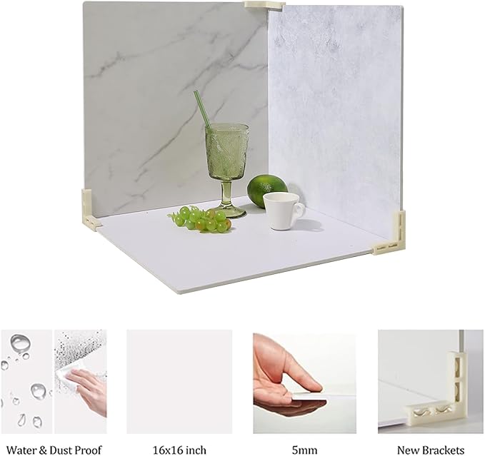 4PCS Double Sided Backdrop Boards, 16x16 inch Waterproof Photo Backdrop with 4PCS Board Brackets, 2PCS Pane Brackets, 1PCS 16x16 inch Window Shadow Pane for Food, Jewelry Photo Shooting