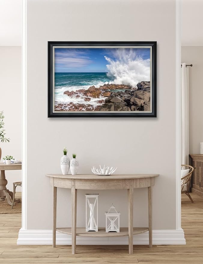 IPIC - Waves Crashing at Queen's Bath, Personalized Ideal Gift Custom Framed Wall Art with Names and Date, Giclee Prints with Solid Wood Frame, Memorable Present. Wall Art for Home Decor.