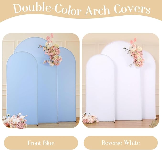 Arch Backdrop Cover Set of 3 - Spandex Arch Covers 7.2FT 6.6FT 6FT Stretchy Fabric Backdrop for Wedding Ceremony, Bridal Baby Shower, Birthday Party, Photo Booth Background Decor(Blue and White)
