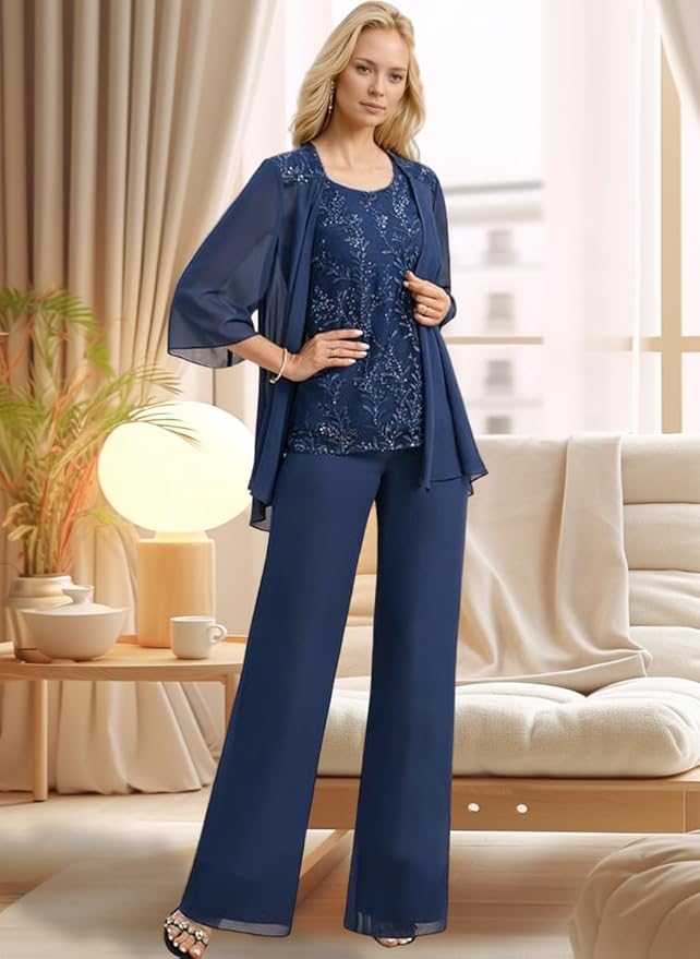 3 Pieces Mother of The Bride Pant Suits Long Laces Appliques 3/4 Sleeves Chiffon Mother of The Groom Dress