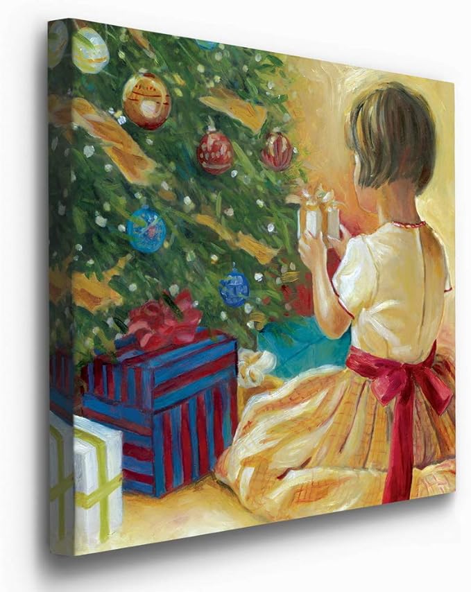 Renditions Gallery Christmas Morning Wall Art, Little Girl with Gift by Christmas Tree, Winter Artwork, Yellow & Red, Premium Gallery Wrapped Canvas, Ready to Hang, 32 in H x 32 in W, Made in America