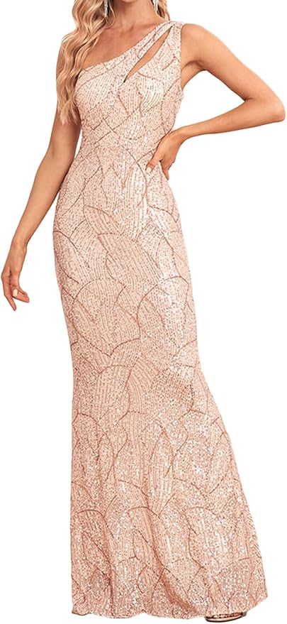 Women One Shoulder 1920s Plus Size Formal Dress Tassels Sleeve Sequins Gatsby Maxi Evening Gown