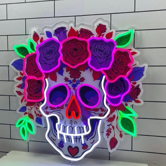Skull Flower Neon Acrylic Print Sign, Floral Sugar Skull Led Light Sign, Custom Neon Sign, Skull Wall Decor, Halloween Home Decor Size:18inches