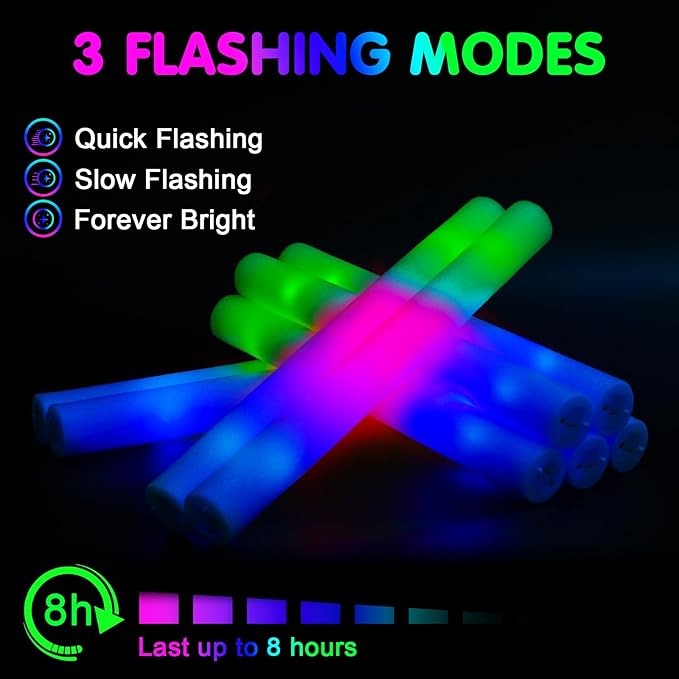 55 PCS Foam Glow Sticks, Foam Light Up Sticks Party Supplies with 3 Mode Colorful Flashing, Glow Sticks Bulk Party Pack, Led Foam Sticks for Birthday, Wedding, New Year, Carnival, Concert
