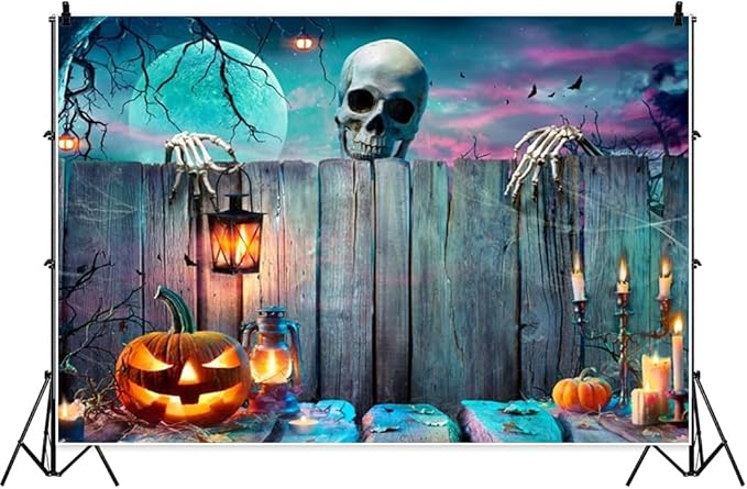 Halloween Skeleton Backdrop Full Moon Pumpkin Lantern Wooden Gloomy Photography Background Banner Horrible Spooky Night Party Decoration Backdrops Studio 12x8FT Wallpaper