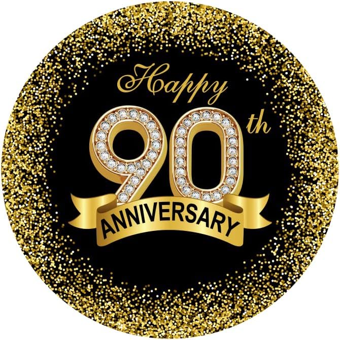5.5x5.5ft Happy 90th Anniversary Round Backdrop Cover Black Gold Happy 90th Years Wedding Anniversary Party Background Luxurious Sequins Sparkle Dots Diamond Ribbon Circle Backdrop Arch Decor