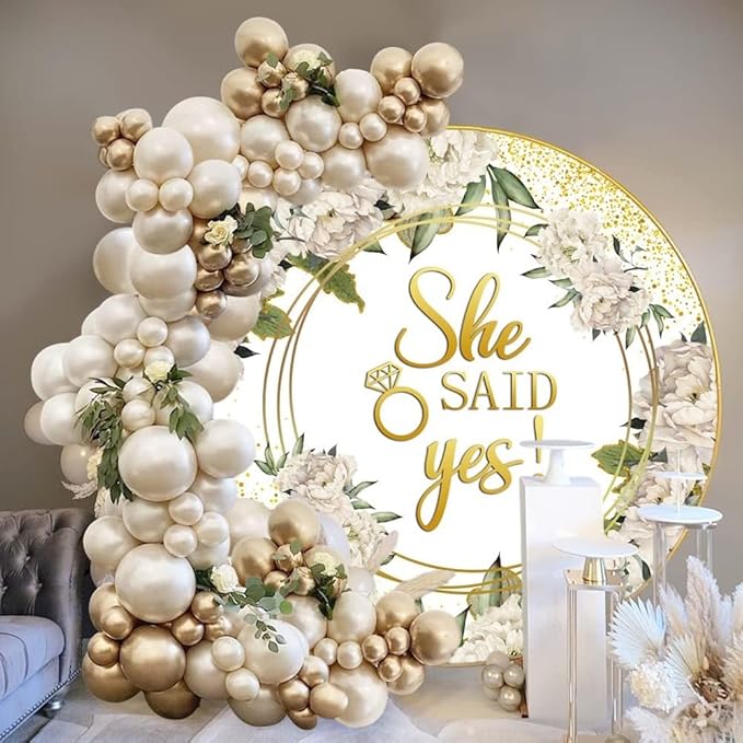 Leyiyi 7.2x7.2ft She Said Yes Round Backdrop Cover Polyester Rustic White Flower Golden Glitter Photography Background Floral Romantic Proposal Wedding Bridal Shower Engagement Party Decoration Banner