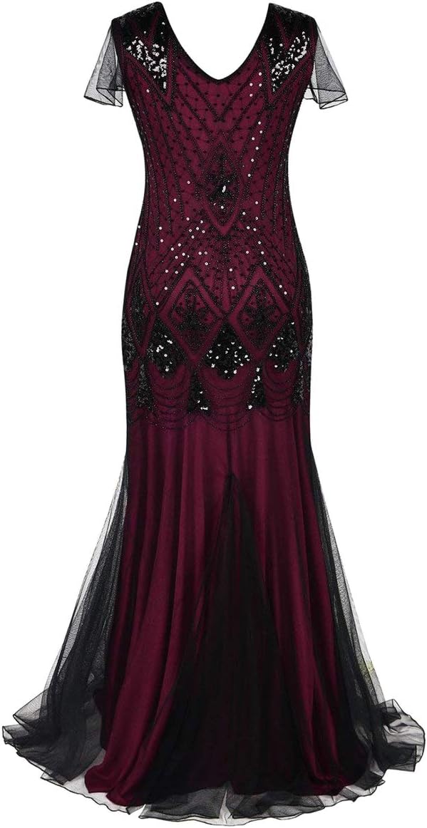 Women Vintage 1920s Gatsby Flapper Evening Party Dress V Neck Art Deco Sequins Mermaid Hem Cocktail Formal Long Maxi Gown