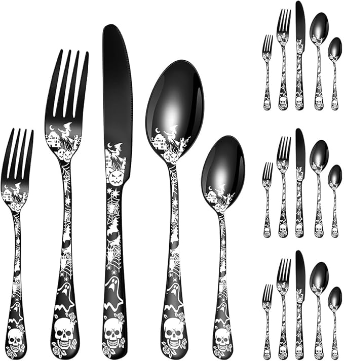 XIAOYU Halloween Themed Skeleton Silverware Set for 4, 20-Piece Stainless Steel Flatware Set, Gothic Skeleton Pattern Decorative Cutlery Set, Halloween Easter and Christmas Tableware, Black
