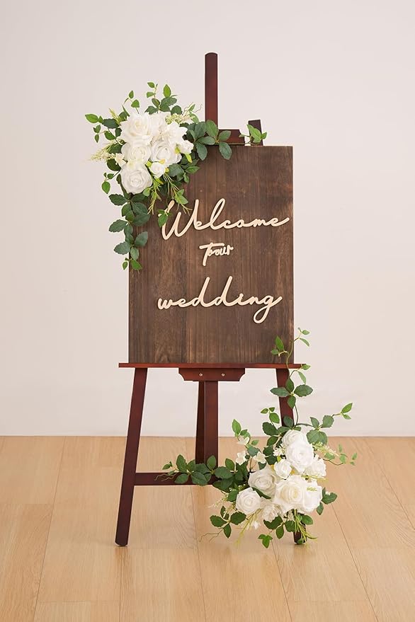 2pcs White Green Mint Leaves Deluxe Welcome Sign Artificial Flowers Wedding Backdrop Garland Hanging Floral Arrangements for Ceremony Reception Entryway Board Sweetheart Table