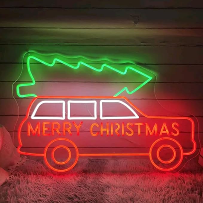 Merry Christmas Truck Neon Sign, Custom Christmas Tree LED Neon Light Home Wall Decor Farm Holiday Decor Christmas Red Truck Wall Art Gift Size:20x13inches