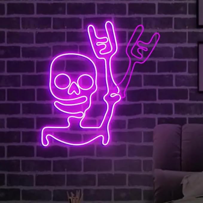 Skeleton Waving Hand Neon Sign, Halloween Skull Door Window Decorations, Funny Skull Waving Light Halloween Party Night Decor Size:W17 x H18in