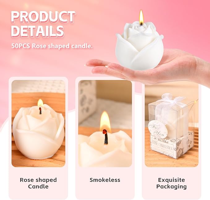 50Set White Rose Flower Shape Candle Bulk Wedding Party Favors Romantic Handmade Delicate Candles with Gift Box, Wedding Candle Gift for Guests Return Souvenirs Bridal Anniversary Birthday Decoration