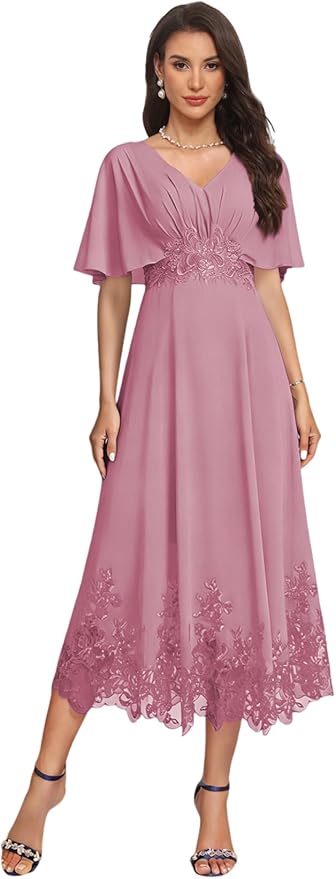 Tea Length Mother of The Bride Dress with Sleeves Laces Formal Evening Gowns for Wedding V Neck Wedding Guest Gown ZMX37