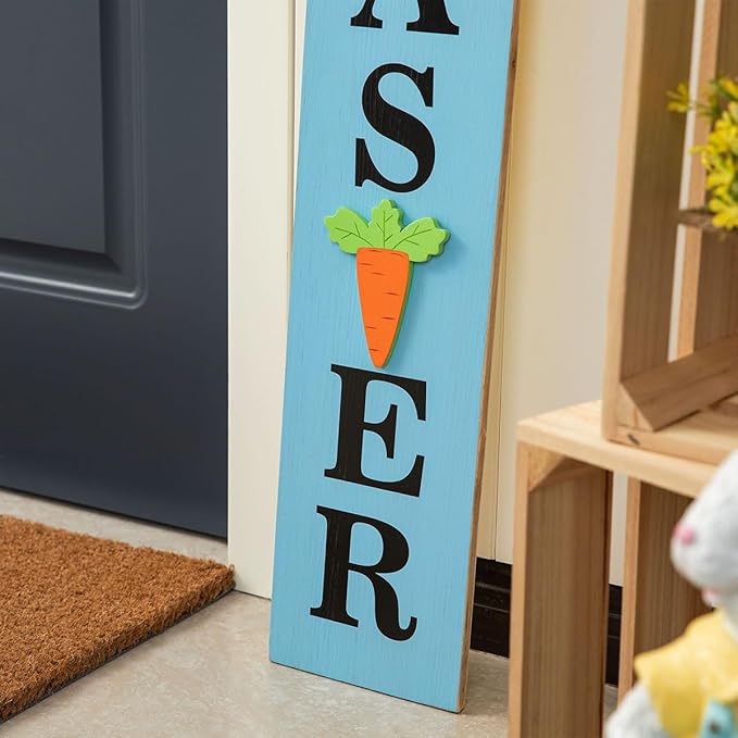 Glitzhome 42"H Wooden Double-Sided Easter Welcome Porch Sign with Bunny Ears Vertical Welcome Porch Décor Hanging Signs for Front Door or Indoor Home Decor