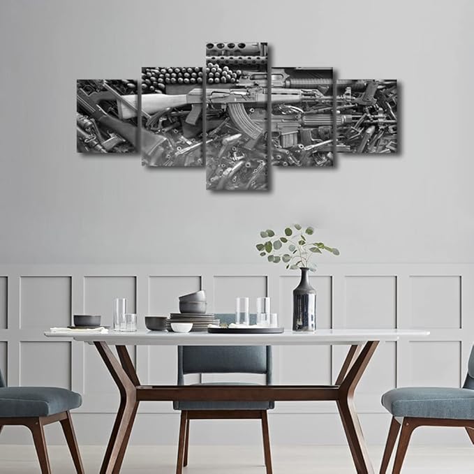 Modern Wall Art Prints and Poster Damaged Weapon Gun Canvas Painting for Living Room Black and White Pictures Home Decor 5 Panels Gallery-wrapped Artwork Set Wooden Framed Ready to Hang(50"W x 24"H)