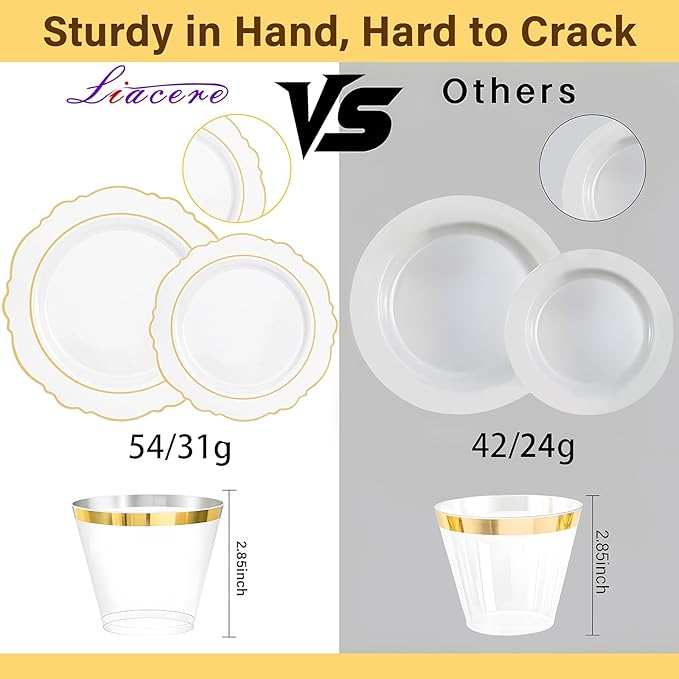 Liacere 700PCS Gold Plastic Plates - Baroque Dinnerware Sets for 100 Guests - 200 Disposable Plates（10inch，7inch）, 300 Gold Plastic Silverware, 100 Cups, 100 Napkins for Wedding & New Year