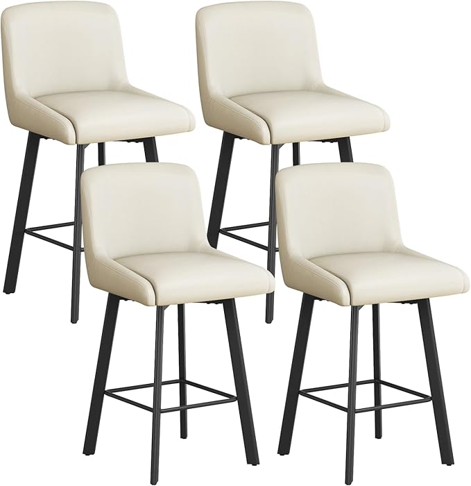 Swivel Bar Stools, 26''H Upholstered Barstools with Backs, Modern Counter Height Bar Stool Chairs for Kitchen Island, Metal Legs (Beige- Faux Leather, Set of 4-26" H)