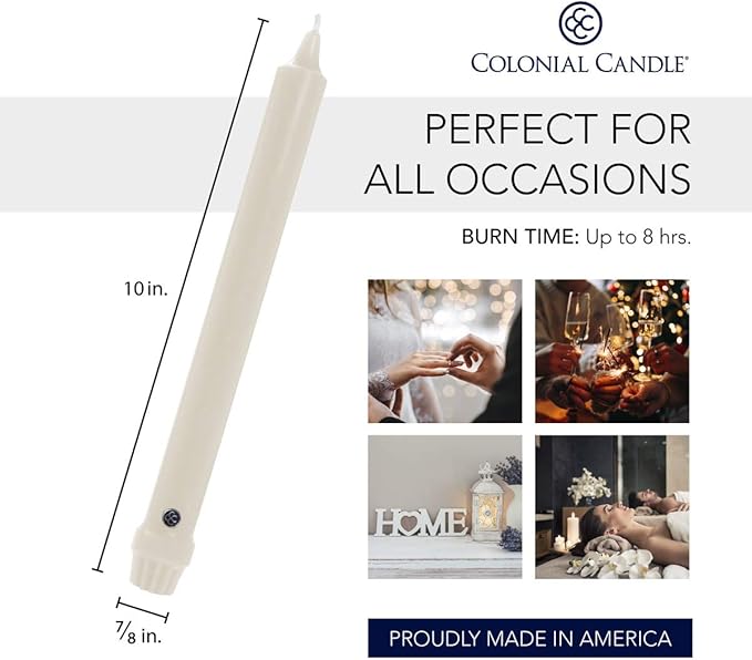 Colonial Candle Unscented Taper Candle, Classic Collection, Limoncello, 10 in, Pack of 12 - Up to 8 Hours Burn