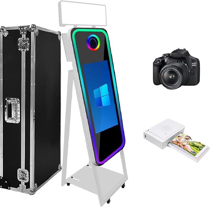 Magic Mirror Photo Booth,Mirror Photo Booth Interactive Touch Screen with Flight Case, Built-in Mini PC with Instant Print and Sharing for Event Party Wedding Rental (White, 21.5''Screen Full set)