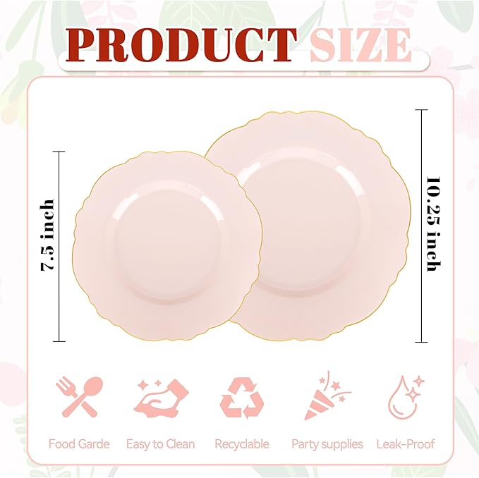WDF 100pcs Pink Plastic Plates - High-end Baroque Design - Pink and Gold Plates for Upscale Party & Valentine's Day - Including 50 Disposable Plate 10.25inch, 50Salad Plate 7.5inch