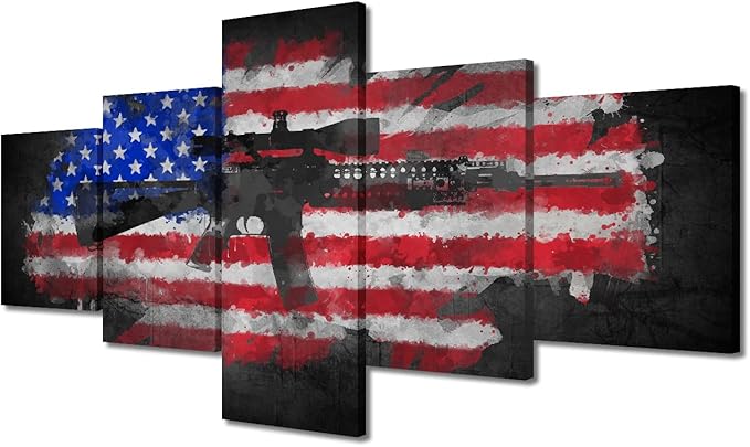 TISHIRON 5-Piece American Flag Wall Art - Canvas & Wooden Flags, Army & Military Wall Decor, Ready to Hang - 50" W x 24" H