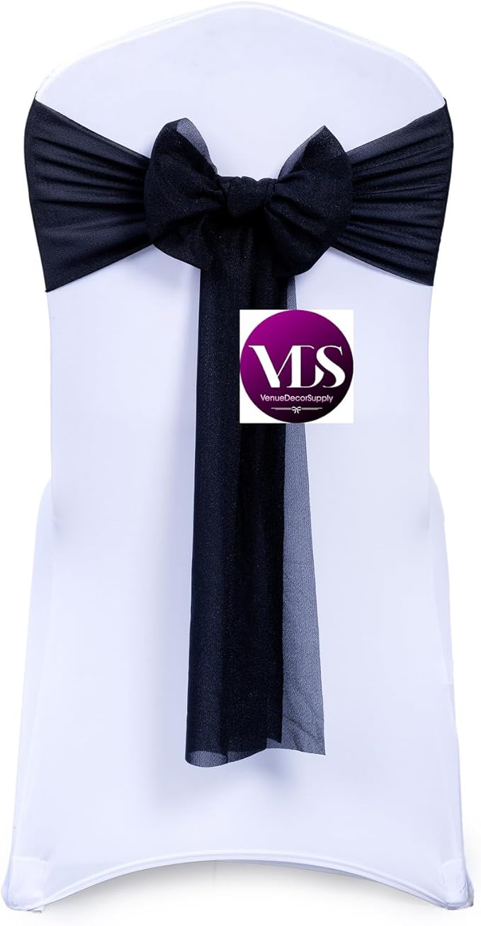 VDS Pack of 125, Black, Sheer Chiffon Chair Sashes Bows Chair Cover Back Tie Ribbon for Wedding Birthday Baby Shower Engagement Ceremony Event Party Banquet Restaurant Dining Chair Decoration