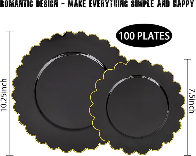 supernal 100pcs Black and Gold Plastic Dinnerware Set - Scalloped Disposable Plates Heavy Duty Gold And Black Plastic Plates Service for 50 Guests,Perfect for Party Birthday Wedding Festival