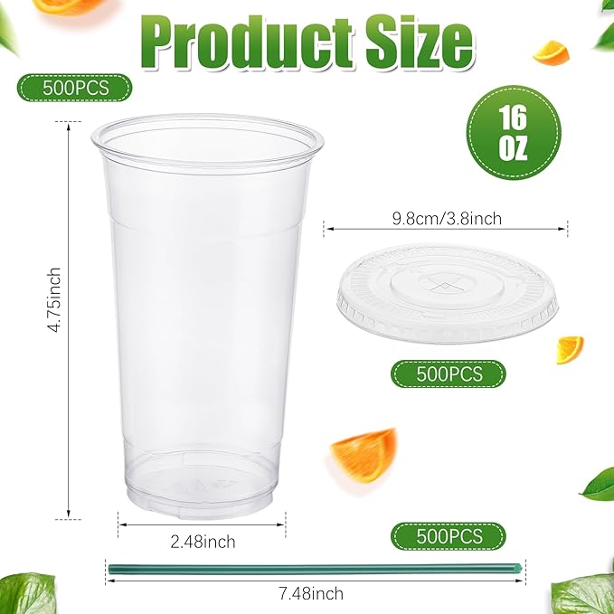 Hushee 500 Sets 16 oz Clear Plastic Cups with Lids and Individually Wrapped Straws Disposable Pet Cups for Iced Coffee Cold Drinks Smoothie Juice Parfait Milkshake Parties