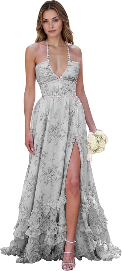 Floral Printed Chiffon Prom Dress for Carmen 2025 Long V Neck Floor Length Photoshoot Dress with Side Slit Ruched
