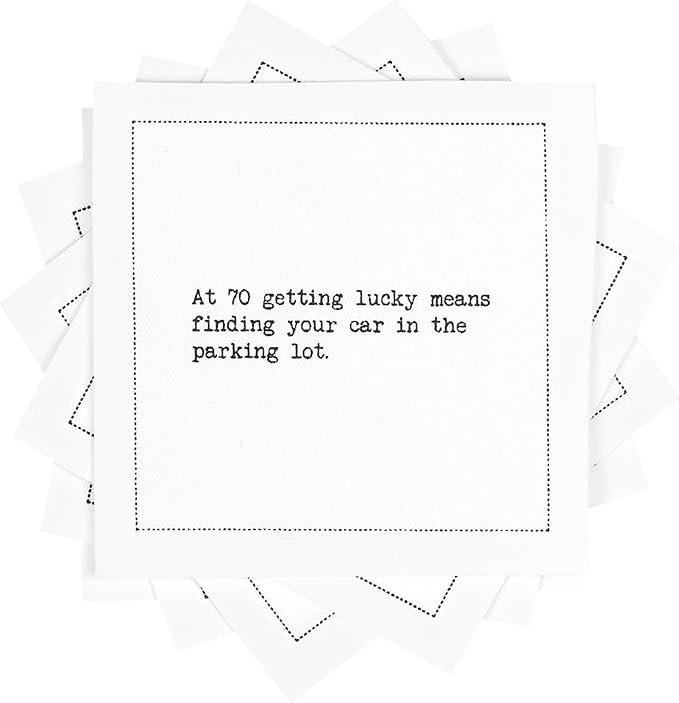 Five Star Funny 70th Birthday Quotes | White Cotton Cocktail Napkins | 50 Luxury Disposable Beverage Napkins with Witty Bar Quotes | Drink Napkins for Parties, Bars, Weddings & Game Nights