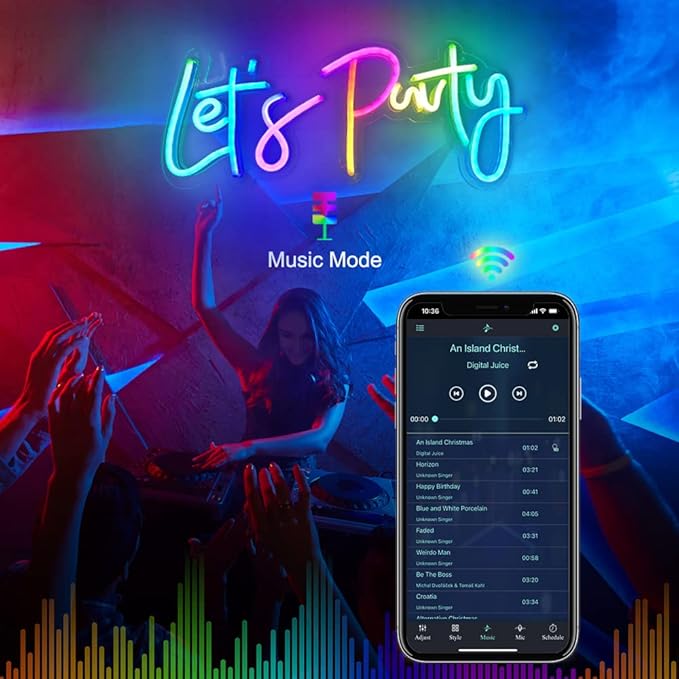 JXIN Colorful Lets Party Neon Sign for Wall Decor, Let's Party Sign for Birthday Wedding Party, Color Changing Light with Remote, Music Sync, Timing & APP Control, Gifts for Loved Ones, 23"x10"