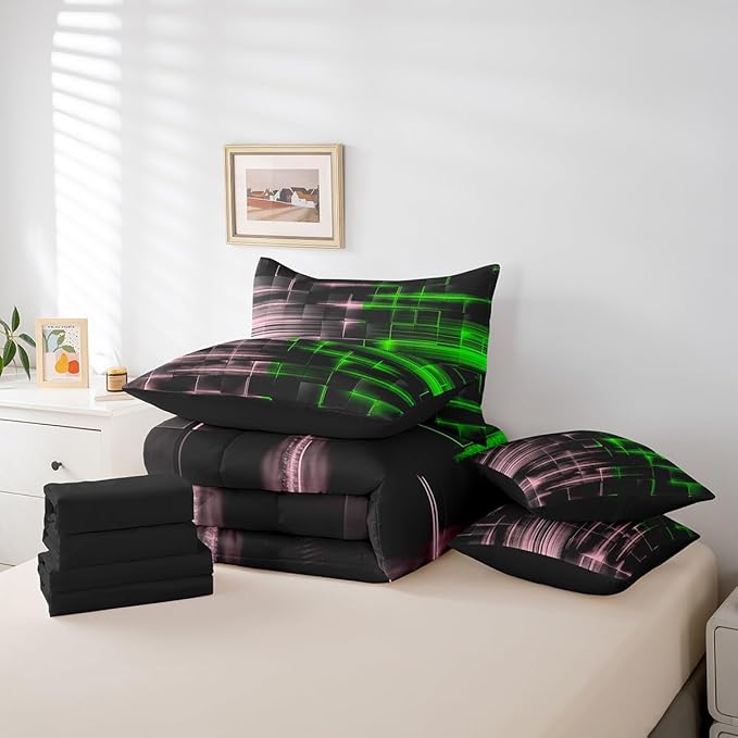 Feelyou Green and Pink Comforter Set with Sheets 7 Piece Twin Size Kids Geometric Bed in a Bag Strip Lines Bedding Set Abstract Art Bed Set with Comforter, Sheets,Pillowcases,Cushion Covers