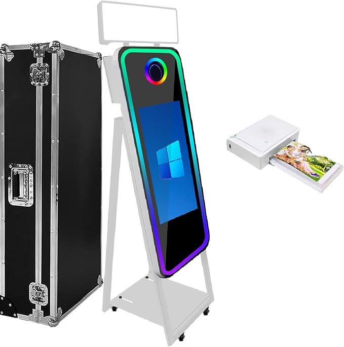 Magic Mirror Photo Booth,Mirror Photo Booth Interactive Touch Screen with Flight Case, Built-in Mini PC with Instant Print and Sharing for Event Party Wedding Rental (White, 21.5''Screen+Printer)
