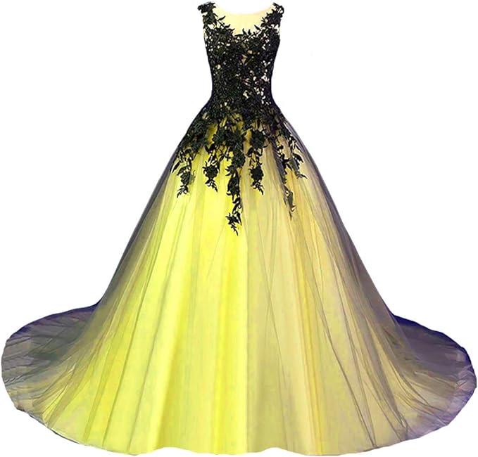 Kivary Gothic Gray Tulle Long Black Lace Sheer Bateau Prom Wedding Dresses