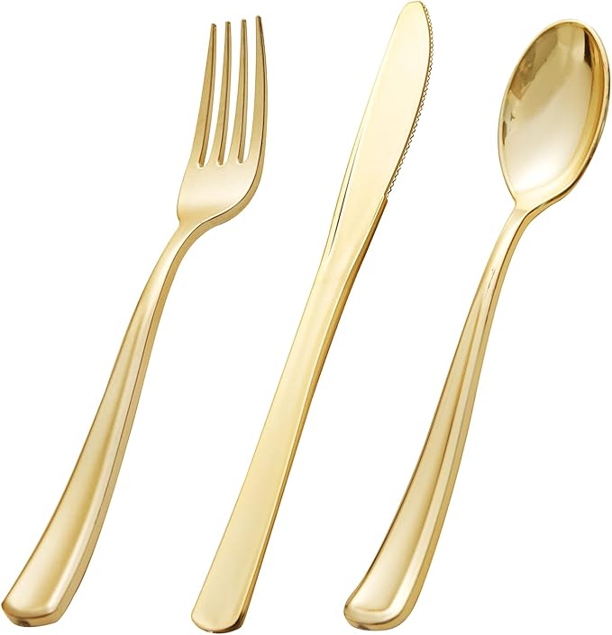 bUCLA 600 Pieces Gold Plastic Silverware - Disposable Gold Utensils - Heavy Duty Plastic Cutlery set- 200 Forks, 200 Spoons, 200 Knives for Party & Wedding