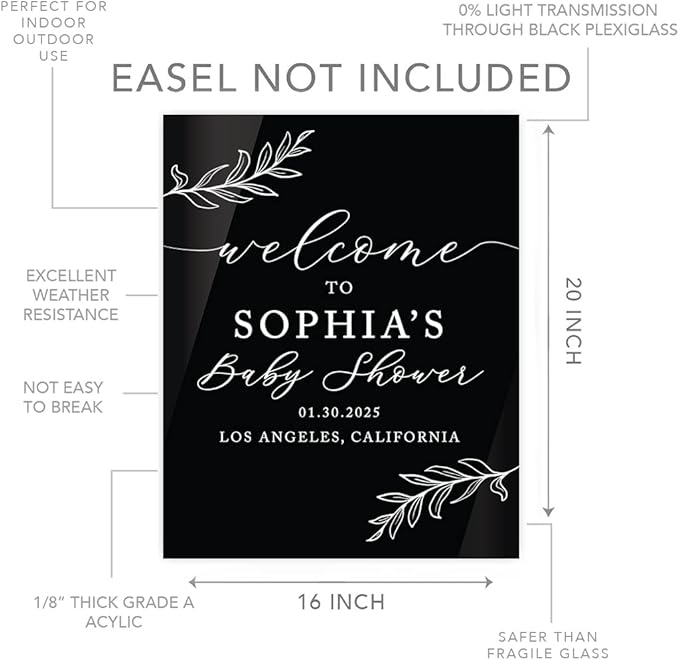 Andaz Press 16X20 Inch Black Acrylic Personalized Baby Shower Welcome Sign, Gender Neutral Large Custom Sign For Easel Stand, Rustic Laurel Leaves Baby Shower Decorations Neutral, Acrylic Welcome Sign