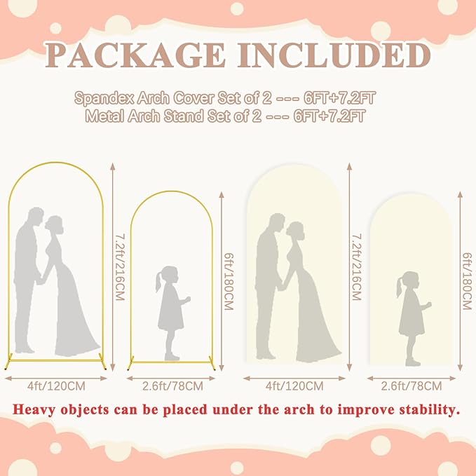 Set of 2 Wedding Arch Backdrop Stand and Cover Set 7.2FT & 6FT Gold Metal Arch Balloon Stand with Ivory Arch Cover Spandex Backdrop Covers Chiara Arched Frame for Baby Shower Party Ceremony Decor