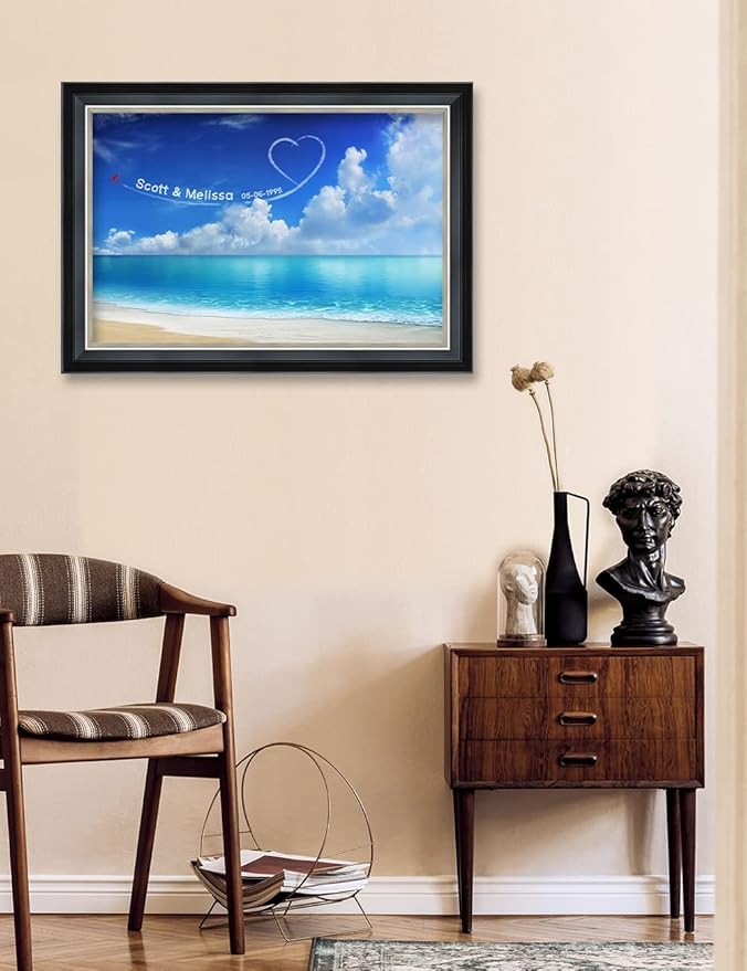 IPIC - Seaside Skywriting Personalized Framed Wall Art with Names and Date on, Giclee Prints Framed with Solid Wood, Custom Memorial Gifts for Wedding Anniversary. Total Size: 27.25" W x 19.25" H