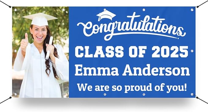 Personalized Graduation Photo Vinyl Banner Sign - Class of 2025 Custom Photo and Name - Milweb1 - Royal Blue - 5'x10'
