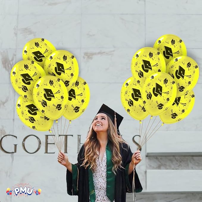 PMU 100 Pcs Yellow Graduation Balloons Class of 2025 with All-Over Print White Grad Caps-Confetti and Streamers | Graduation Party Supplies | Congratulations Grad Latex Balloons Latex