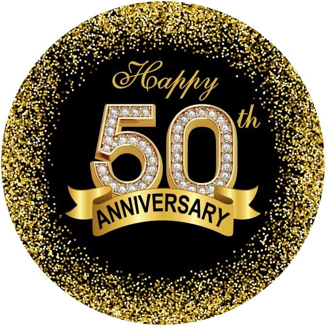 5x5ft Happy 50th Anniversary Round Backdrop Cover Luxurious Black Gold Happy 50th Years Wedding Anniversary Party Circle Backdrop Background Gold Glitter Diamond Ribbon Decor Banquet Props