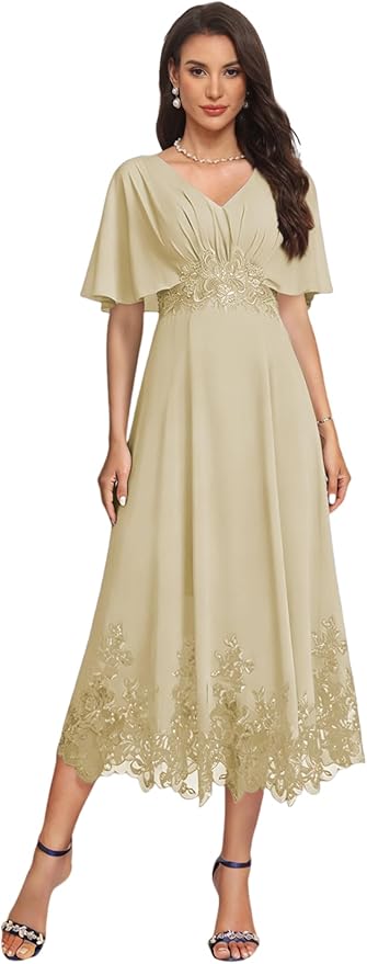 Tea Length Mother of The Bride Dress with Sleeves Laces Formal Evening Gowns for Wedding V Neck Wedding Guest Gown ZMX37