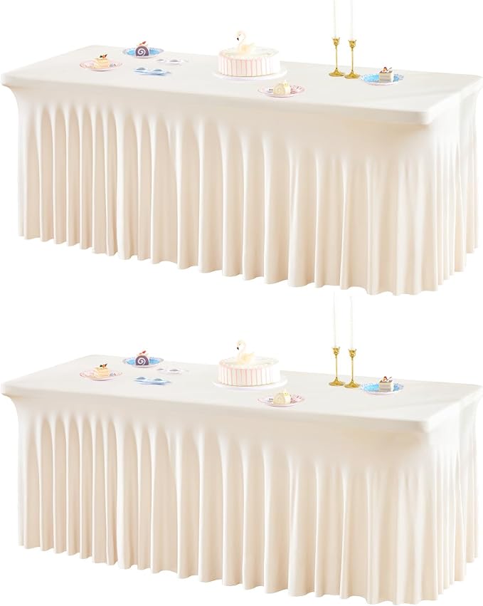 2 Packs Ivory Spandex Tableclothes for 6 Foot Rectangle Tables, Wrinkle Free 6ft Fitted Table Cover Stretch Table Cloth Desk Skirt for Weddings Baby Shower Birthday Party Banquet Decorations