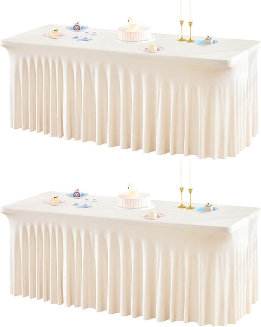2 Packs Ivory Spandex Tableclothes for 6 Foot Rectangle Tables, Wrinkle Free 6ft Fitted Table Cover Stretch Table Cloth Desk Skirt for Weddings Baby Shower Birthday Party Banquet Decorations