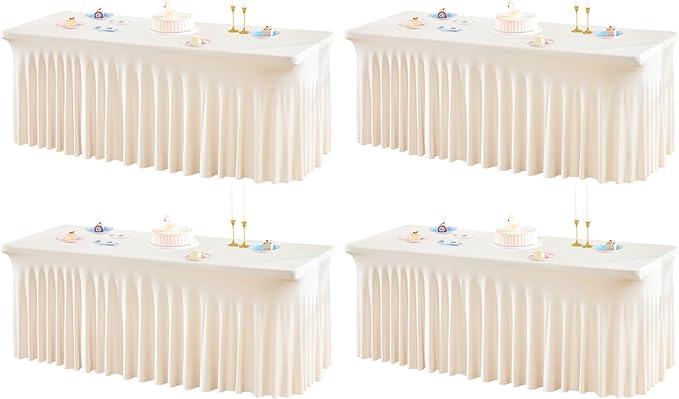 4 Packs Ivory Table Clothes for 6 Foot Rectangle Tables, One-Piece Wrinkle Resistant Stretch Spandex Table Covers with Skirt for Event Banquet Wedding Birthday Party